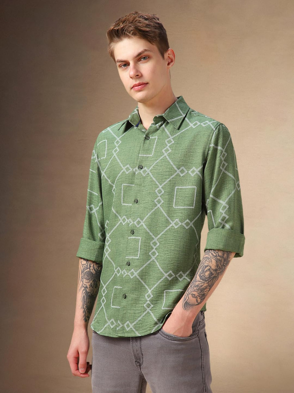 Dennis Lingo Men Green Abstract Print Cotton Relaxed Fit Full Sleeve Shirts