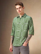 Dennis Lingo Men Green Abstract Print Cotton Relaxed Fit Full Sleeve Shirts