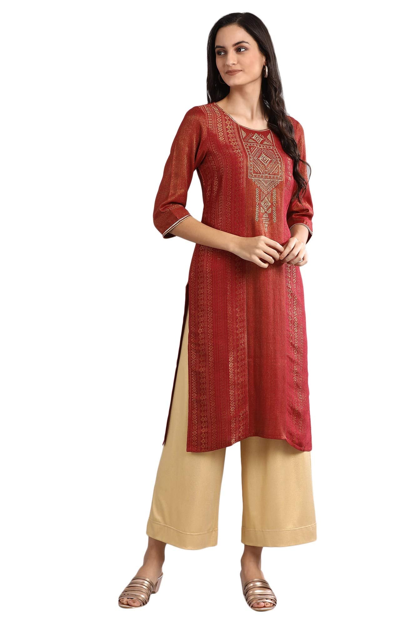 Aurelia Women'S Cotton Blend Straight Fit Yarn Dyed Round Neck Straight Kurta