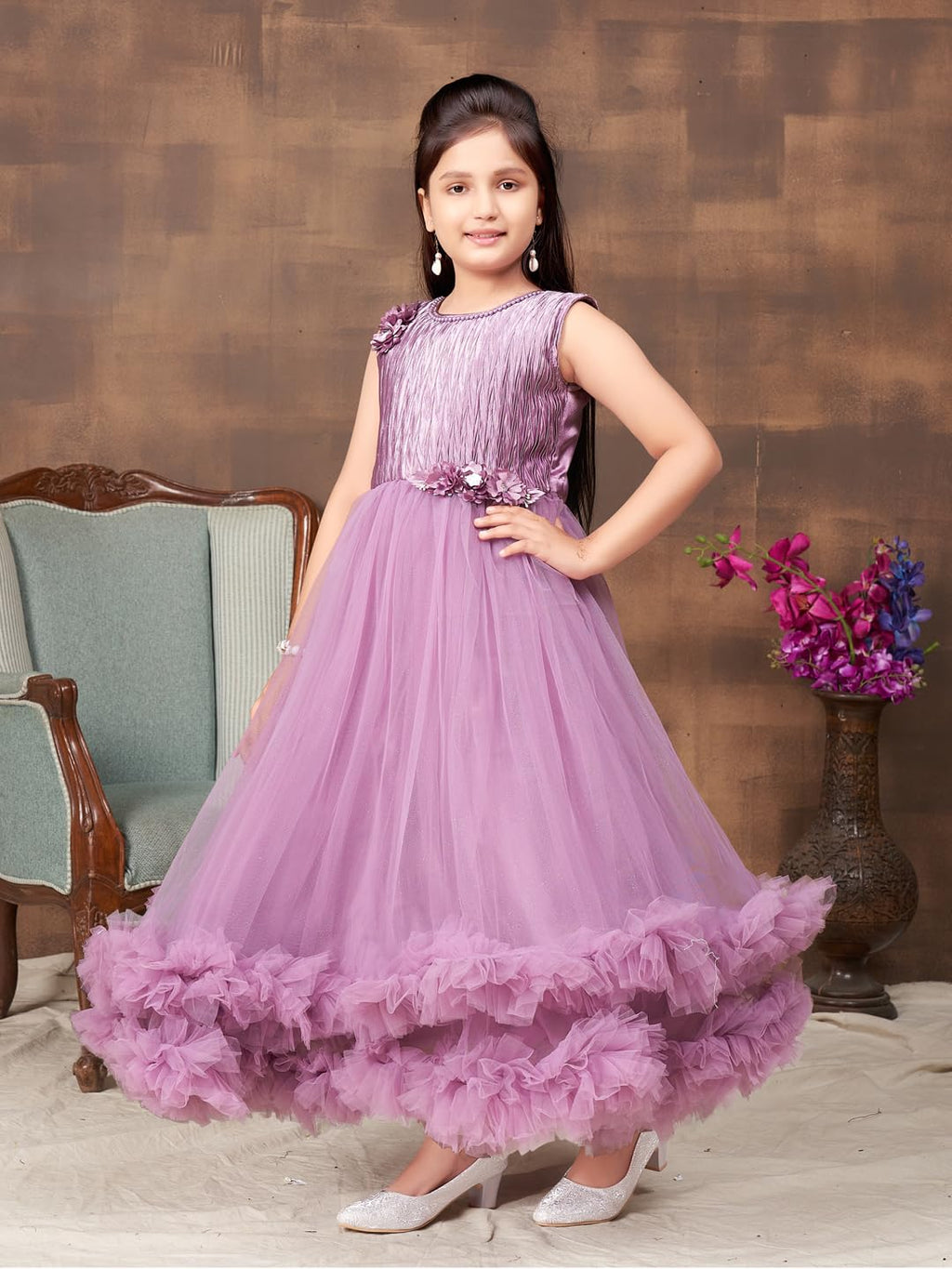 Aarika Girls Purple Colour Emballished Beads Net Gown (4-11 Years)