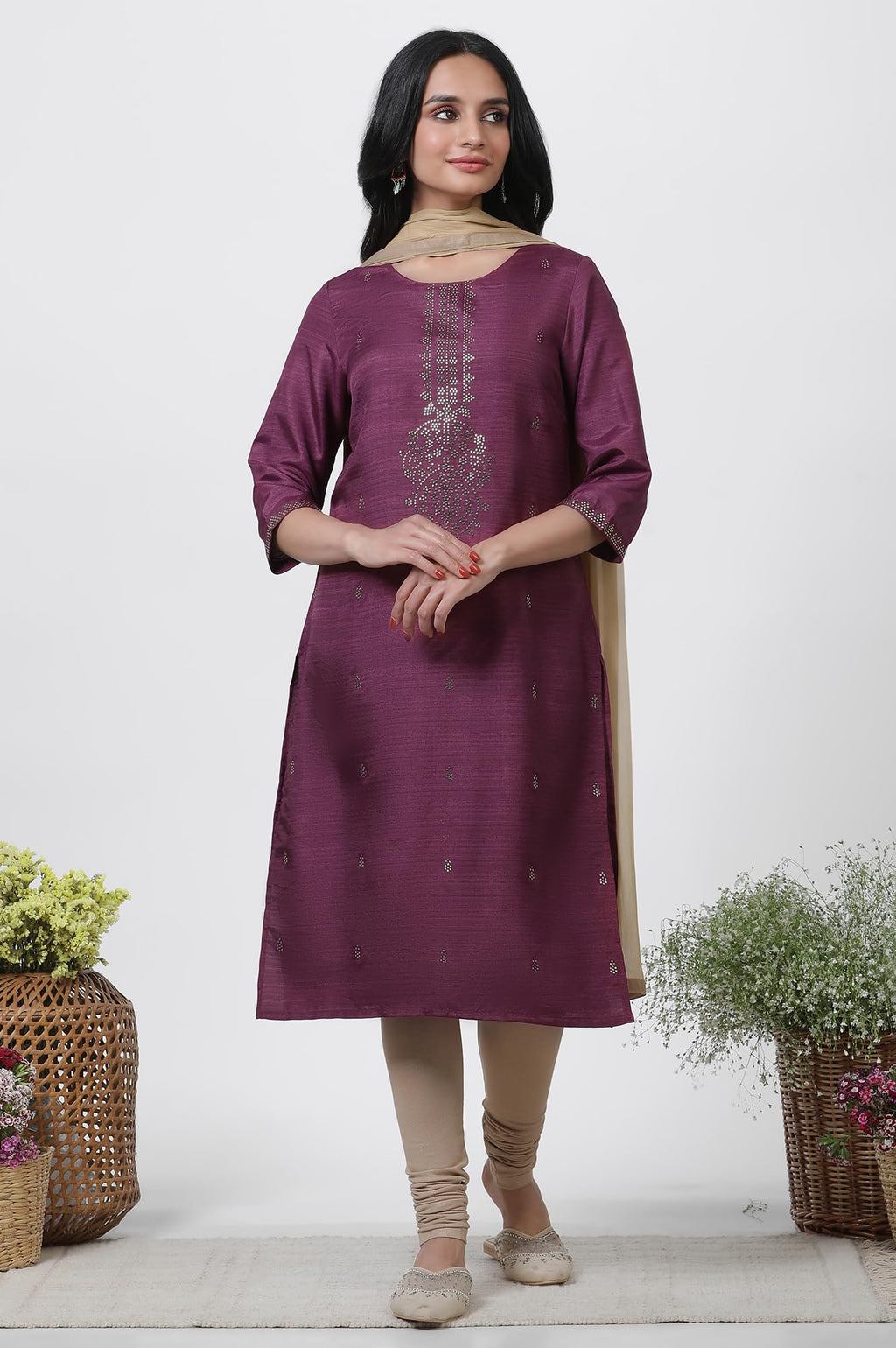 W For Woman Purple Festive Geometric Print Karnatka Silk Straight Kurta Set With Churidar & Dupatta