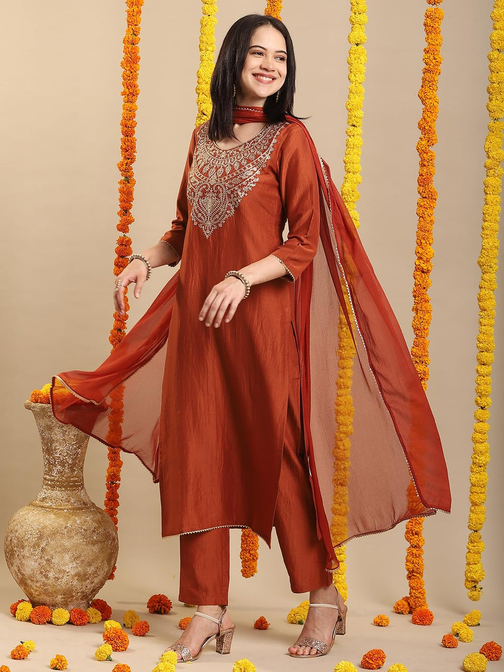 ANNI DESIGNER Womens Rayon Blend Straight Embroidered Kurta with Pant & Dupatta (GALPATIYO Mustard_S_Mustard_Small)