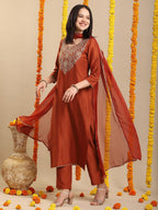 ANNI DESIGNER Womens Rayon Viscose Straight Embroidered Kurta with Pant & Dupatta (GALPATIYO MUSTARD-VKS01_XXL_Mustard_XX-Large