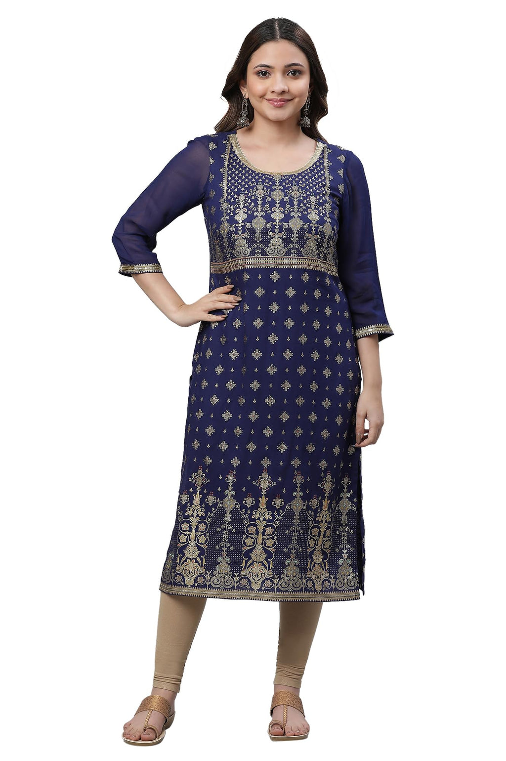Aurelia Womens Blue Foil Lace Straight Long Kurta