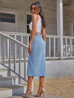 Shasmi Girls & Womens Front Button-Up Slit Longline Single Breasted Long Casual Denim Skirt Suitable for Daily WearSkirt 233 L