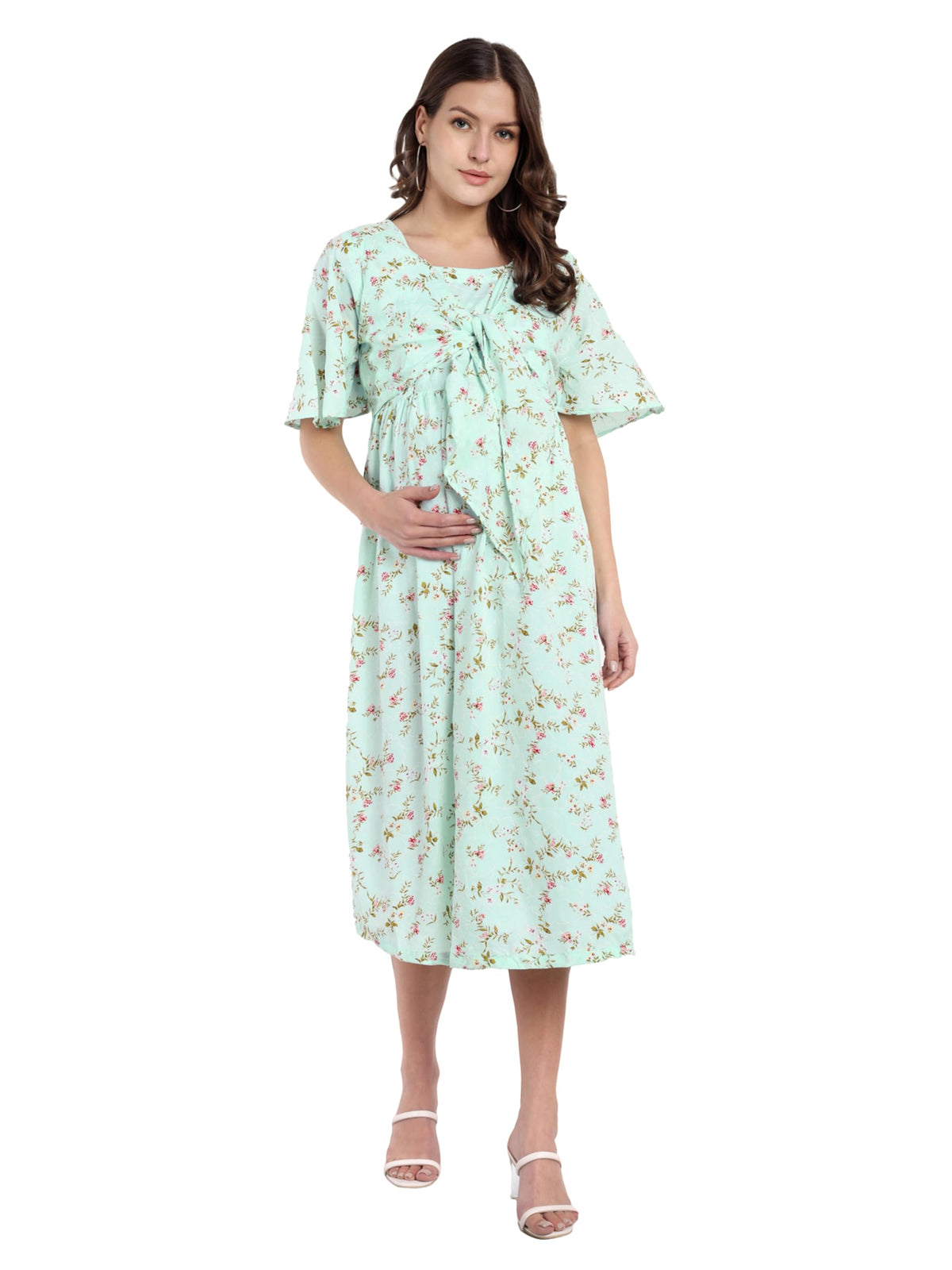 MammaS Maternity WomenS Knee Length Turquoise Green Printed Maternity/Feeding/Nursing Dress (Mamtgrnprntd2334Xxl_Turquoise Gr 2