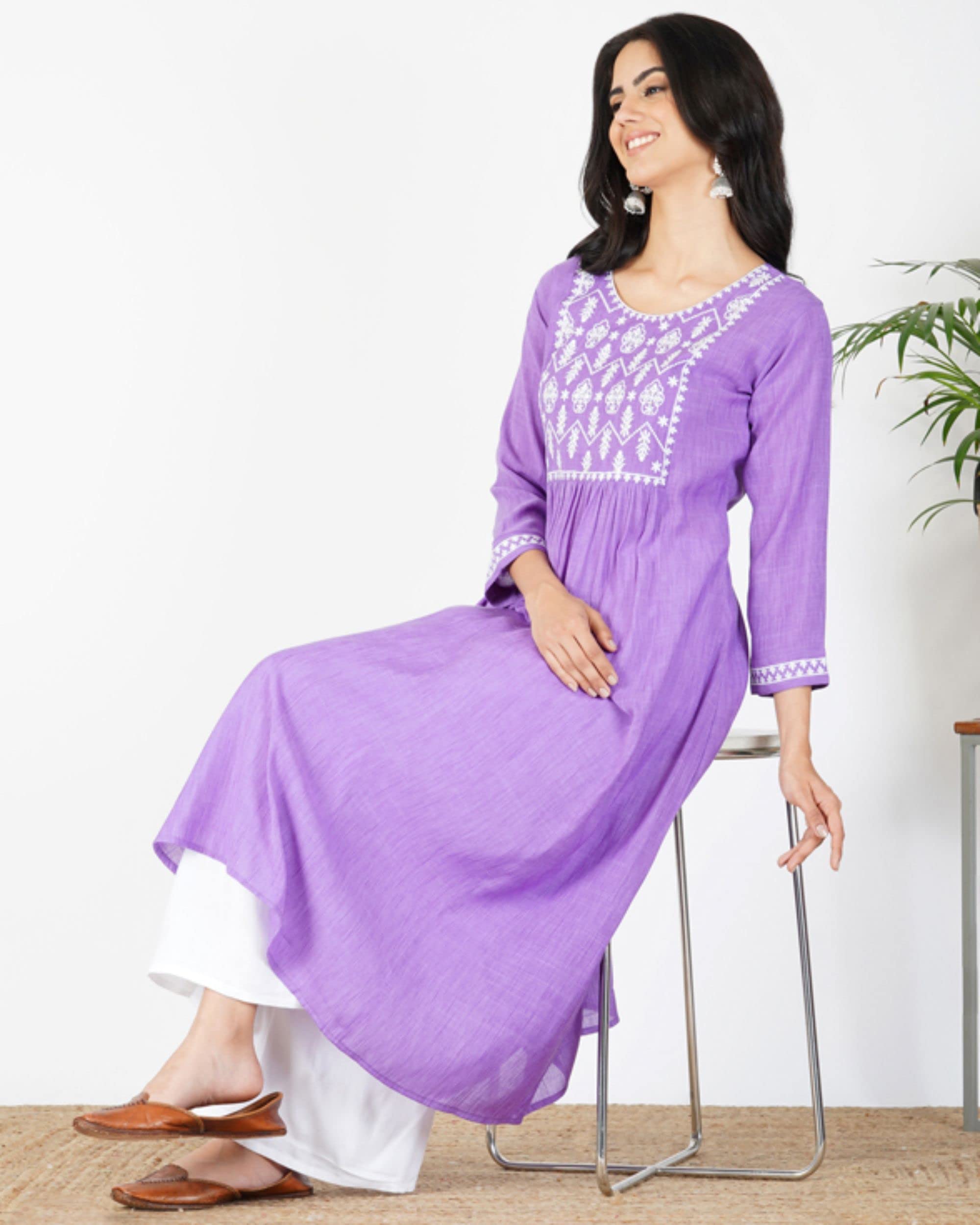 Gosriki Women'S Cotton Blend Embroidered Anarkali Kurta (Seat Purple-Gs)