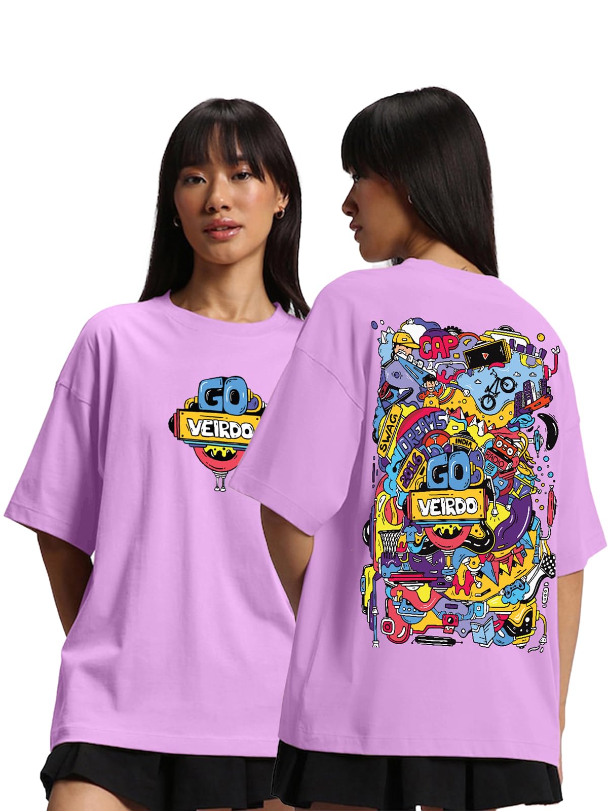 Veirdo Oversized Doodle Printed T-Shirt Women Oversized Cotton Short Sleeve Women's T-Shirt Attractive Over Si