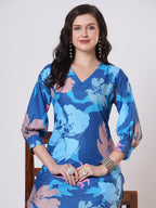 ANNI DESIGNER Women s Straight Printed Viscose Kurta with Trousers, dark blue, L