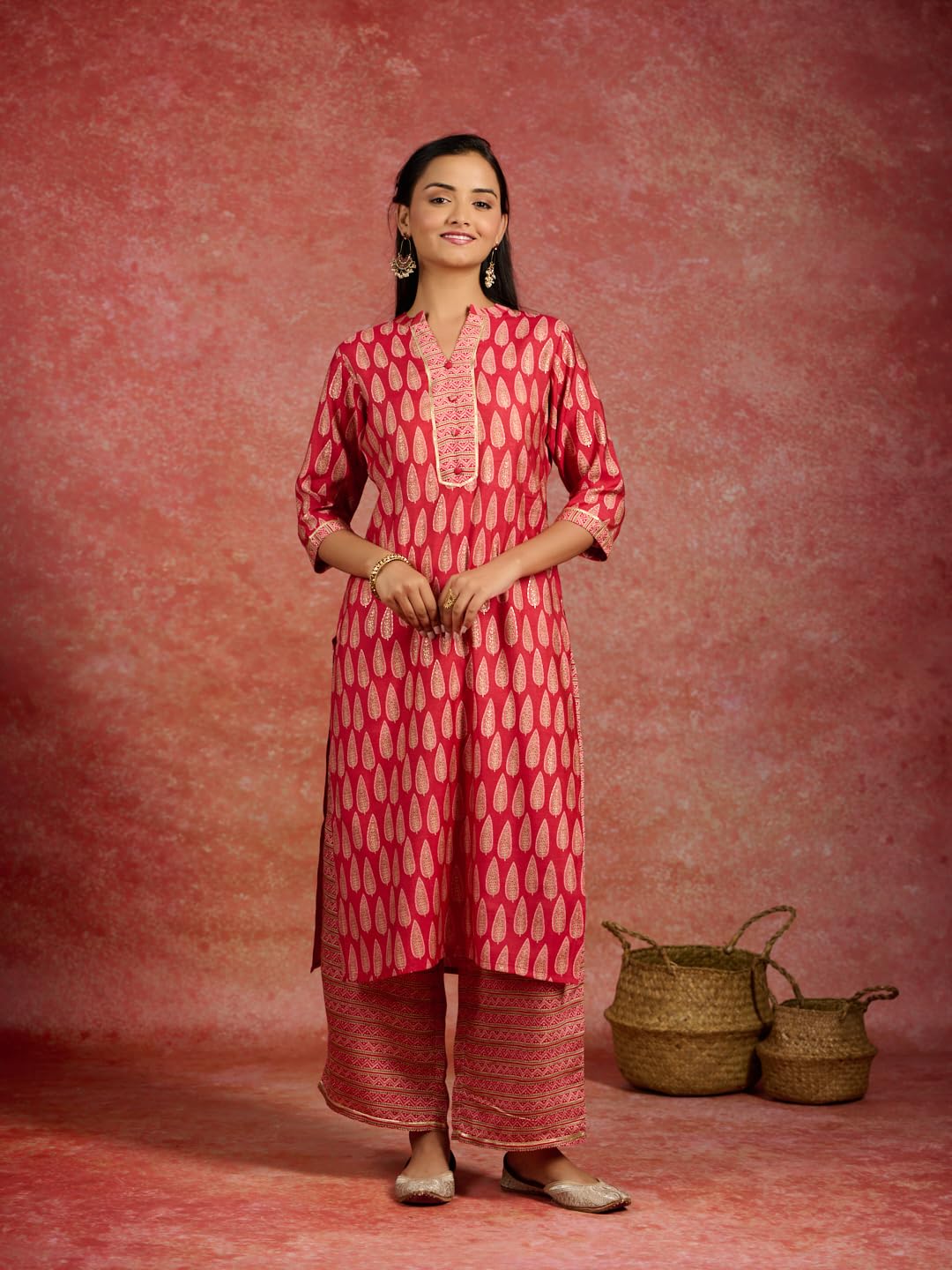 Libas WomenS Silk Blend Printed Kurta Sets (34863_Red