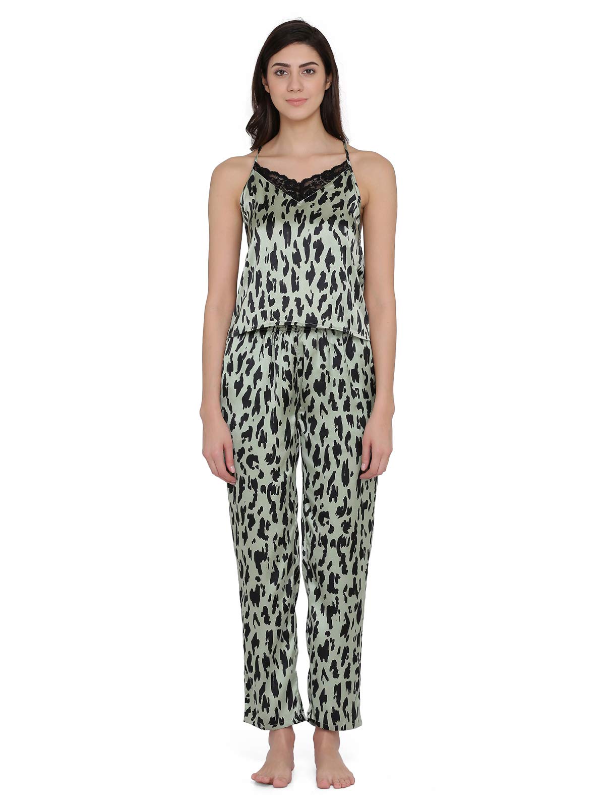 Clovia Womens Satin Animal Print Cami Top & Pyjama Set (NS1314R11_Green_XL)