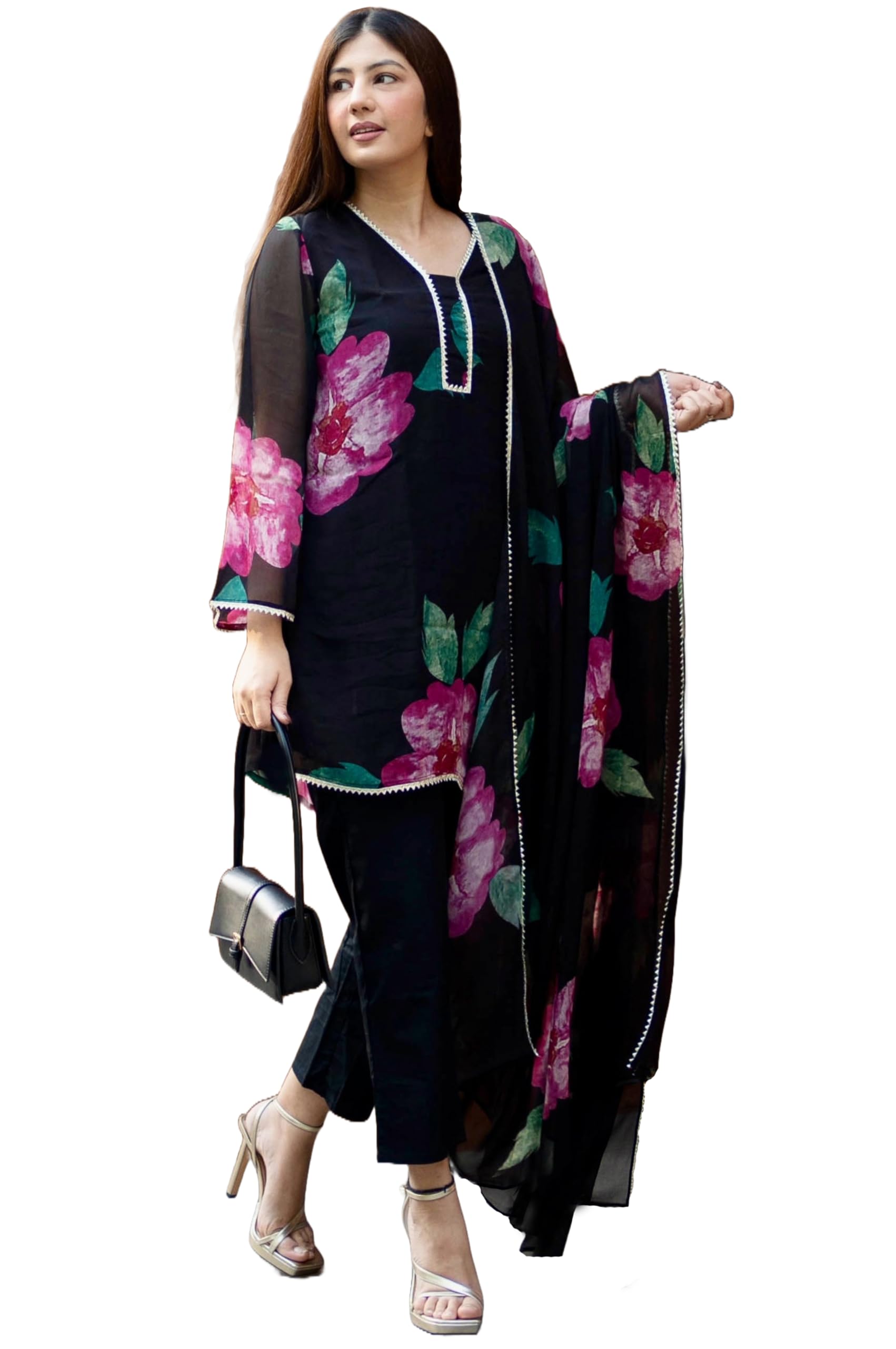 ANNI DESIGNER Womens Cotton Blend Printed Kurta with Pant & Dupatta Co-ord Set (Katori Black_S_Black_Small)