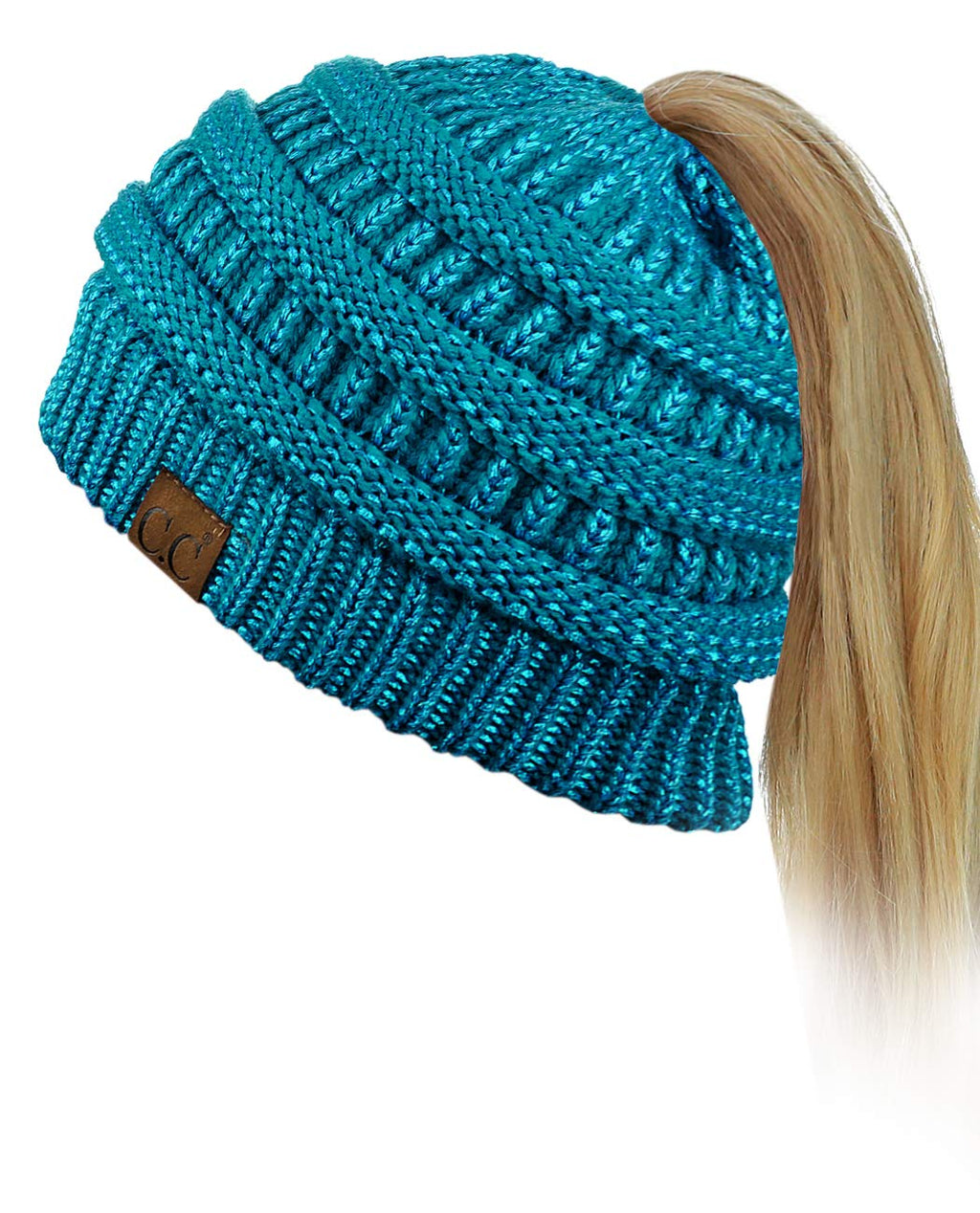 C.C BeanieTail Soft Stretch Cable Knit Messy High Bun Ponytail Beanie Hat, Teal Metallic