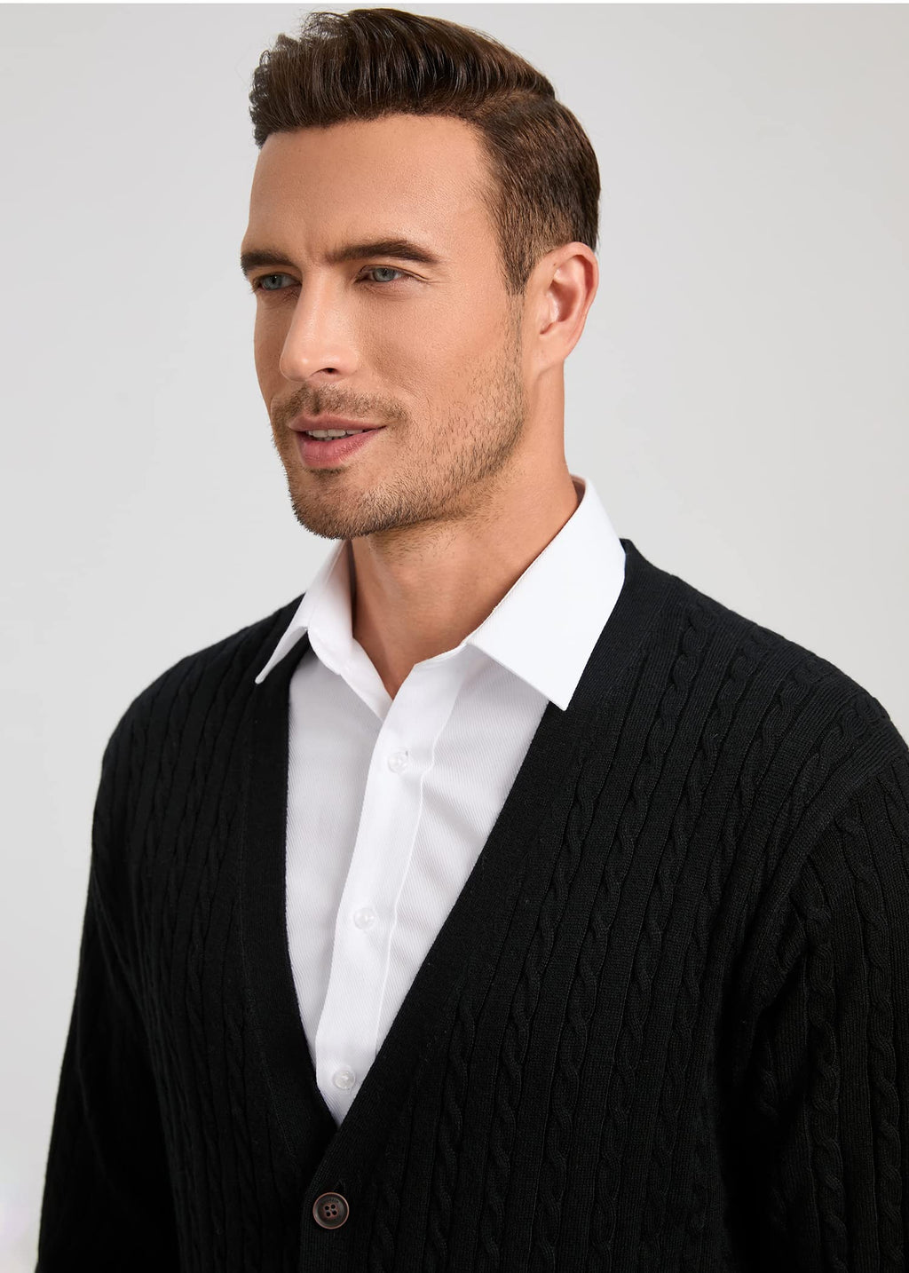 Kallspin Men's Cardigan Sweater Cashmere Wool Blend Cable Knit V Neck Buttons Cardigan with Pockets(Black, Large)