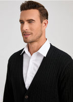 Kallspin Men's Cardigan Sweater Cashmere Wool Blend Cable Knit V Neck Buttons Cardigan with Pockets(Black, Large)