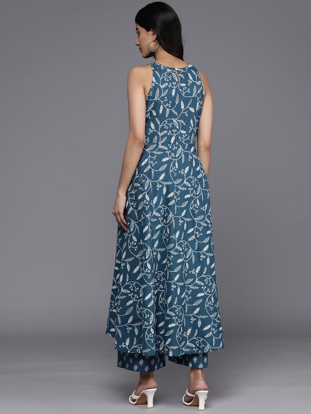 Varanga Women Blue Floral Printed Anarkali Kurta Paired With Tonal Bottom