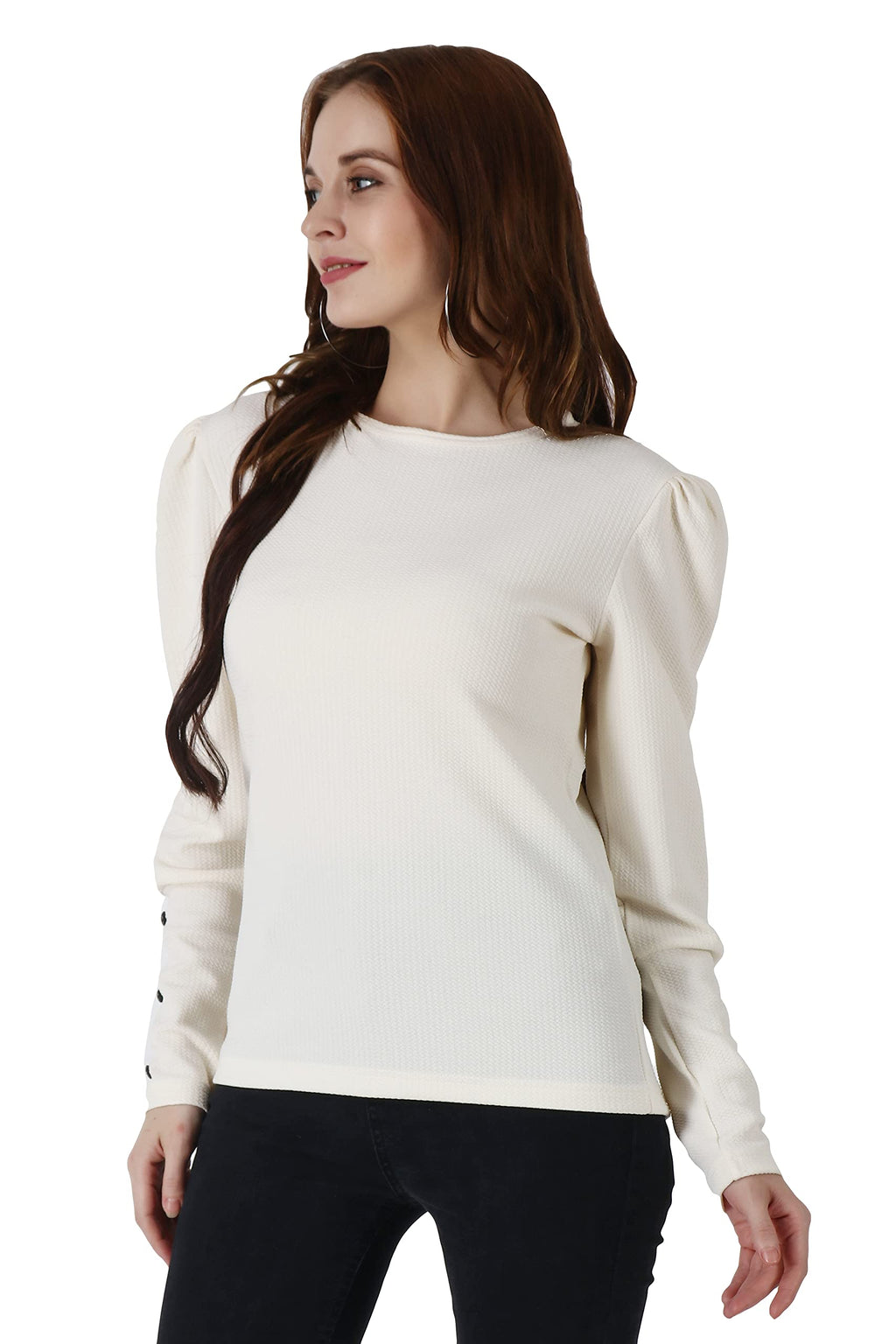 POPWINGS Casual Solid Puff Button Long Sleeves Tops for Women || Summer Round Neck and Stylish Western Top for Women