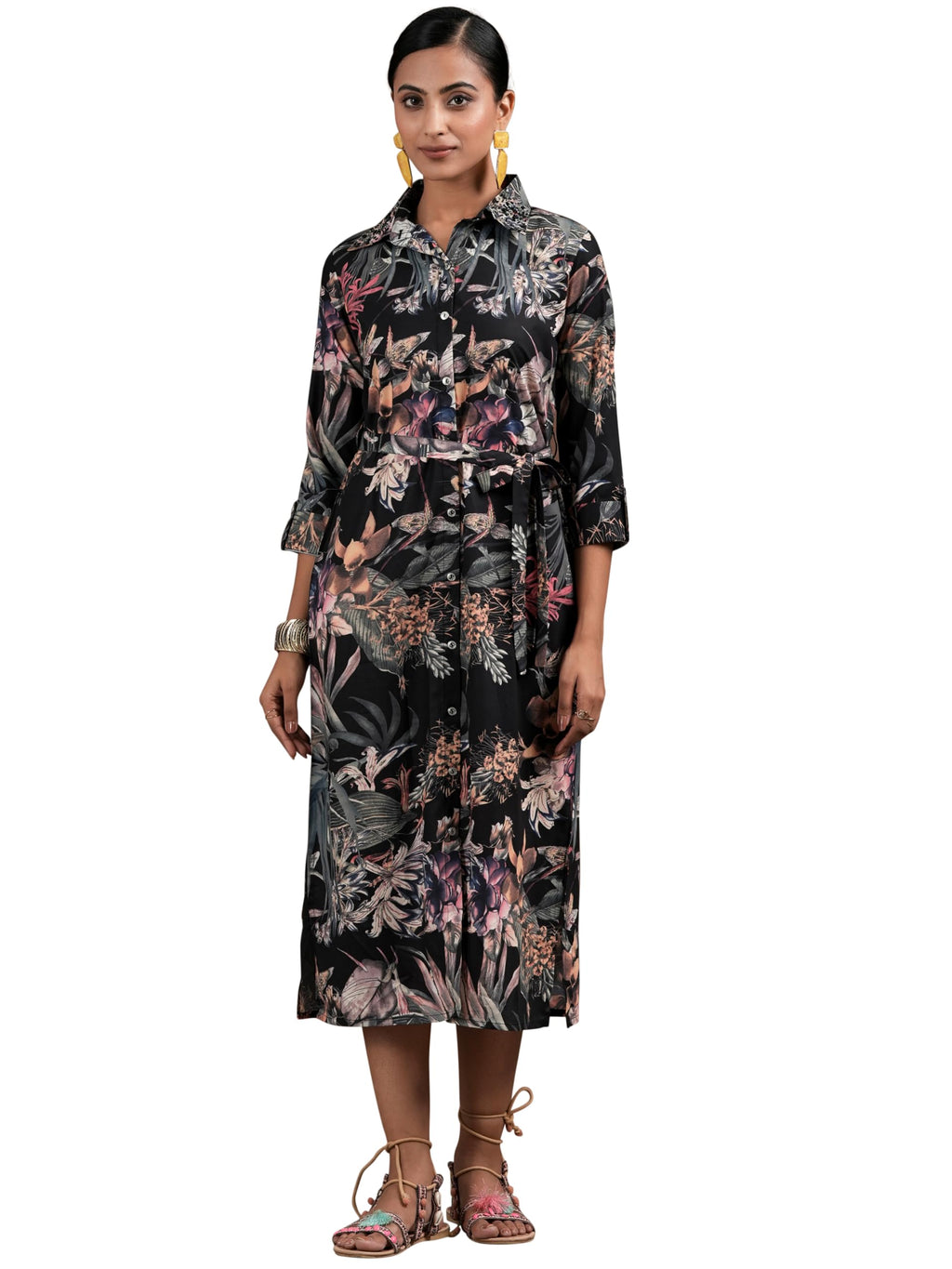 Libas Womens Printed Crepe Shirt Dress For Women Black