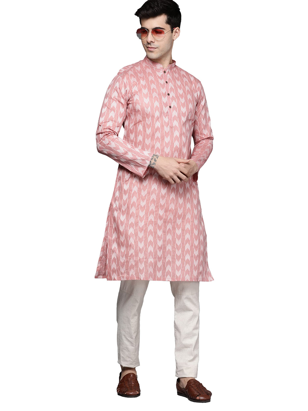 Manyavar Mens Kurta Only, Ethnic Kurta For Men, Full Sleeves Mandarin Collar Wave Blended Cotton Kurta Only (Gajari) (Xl)