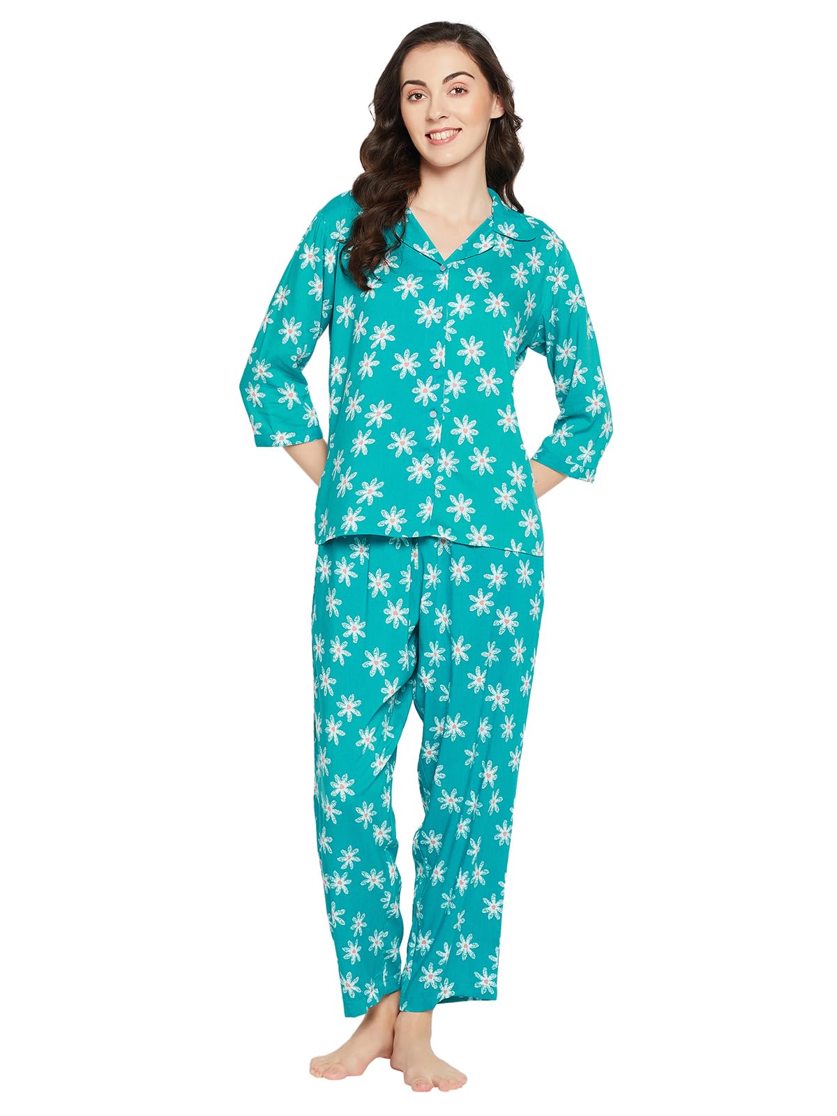 Clovia Womens Cotton Pretty Florals Button Down Shirt & Pyjama Set (LS0636D17_Green_S)
