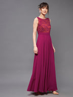 Miss Chase WomenS Round Neck Sleeveless Georgette Floral Lace Fit & Flare Maxi Dress Dark Pink