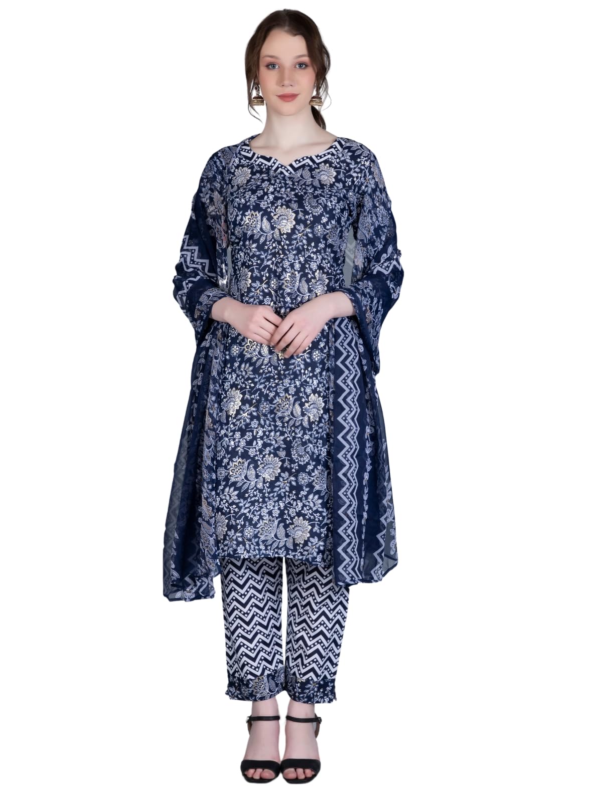 Leriya Fashion Women'S Kurtis With Pant Set || Fully Stitched Cotton Floral Printed Kurti With Chevron Printed Bottom For Women 