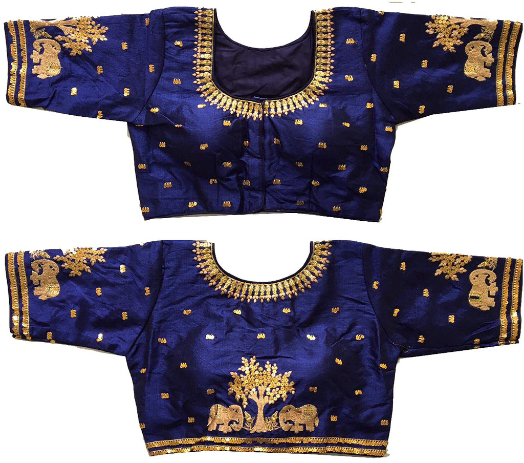 Pujia Mills WomenS Multicolor Phantom Silk Heavy Elephant Gold Thread Embroidery Sequins Zari Work Half Sleeves Readymade Saree