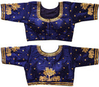 Pujia Mills WomenS Multicolor Phantom Silk Heavy Elephant Gold Thread Embroidery Sequins Zari Work Half Sleeves Readymade Saree