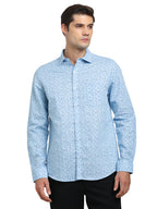 Turtle Men Regular Fit Printed Light Blue Cotton Linen Formal Shirt