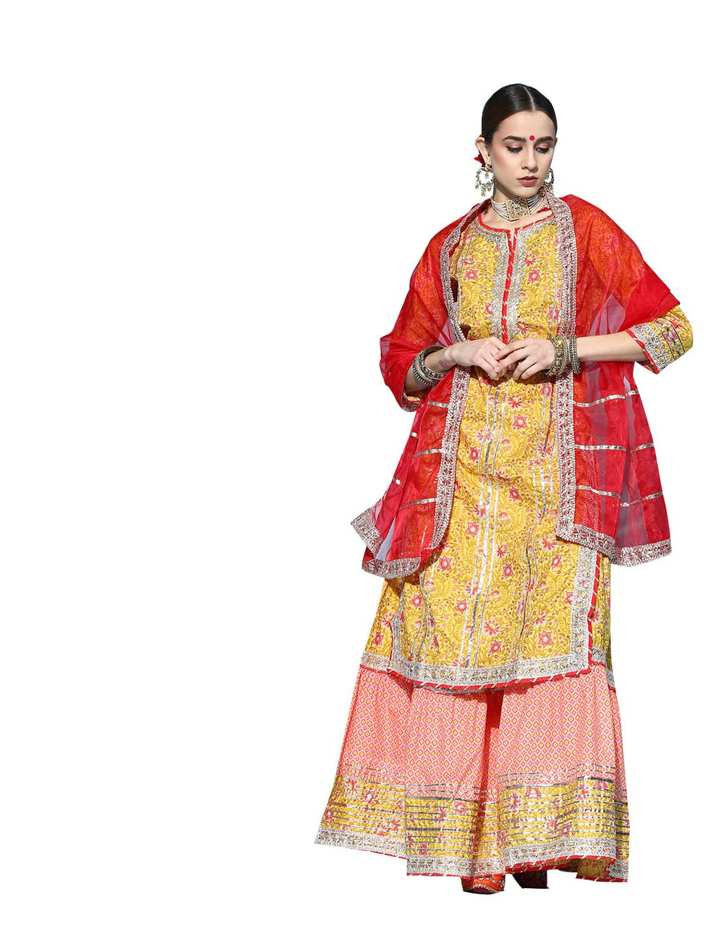 Ishin Women'S Yellow Gotta Patti Embroidered A-Line Kurta Set With Sharara And Dupatta