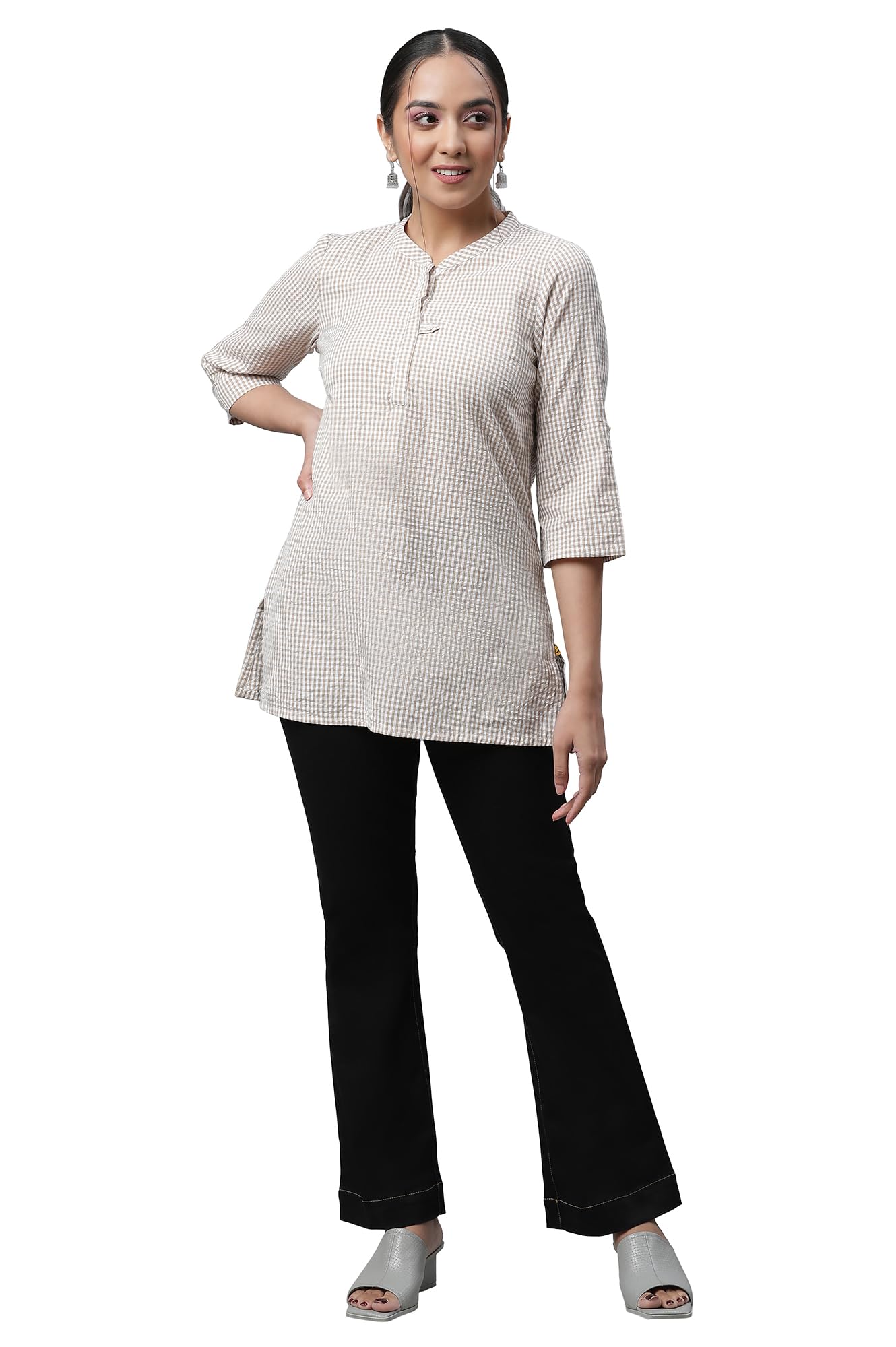 Aurelia WomenS Beige Checkered Yarn Dyed Pure Cotton Kurti_23Aua30404-704170_S