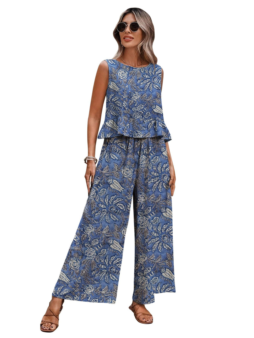 Sugathari Womens Blue Print Womens 2 Piece Pants Set  Sleeveless Ruffle Hem Button Back Tank Top & Wide Leg Pants | Casual Summ