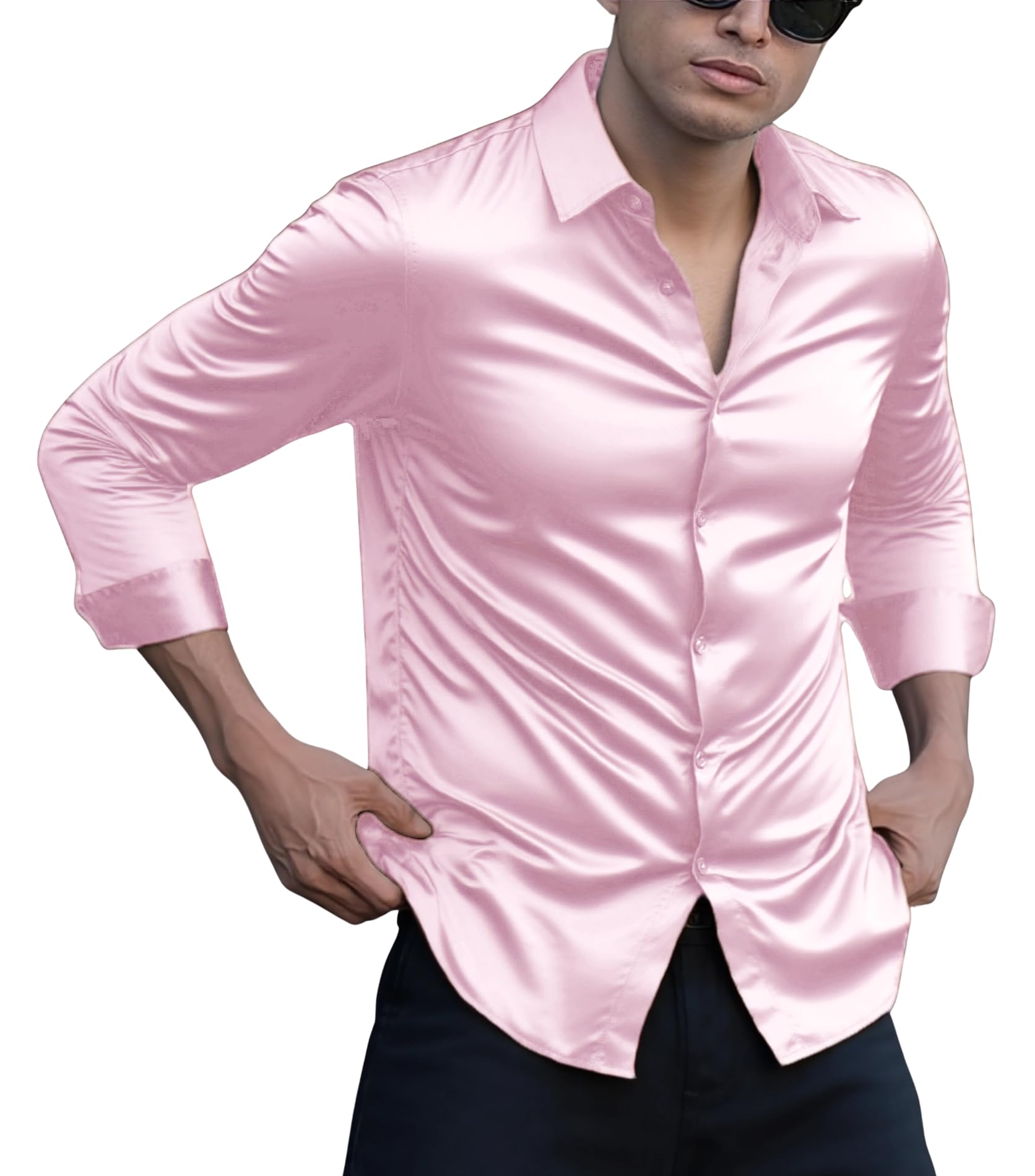 Indoprimo MenS Casual Button Down Long Sleeve Satin Plain Shirt Babypink