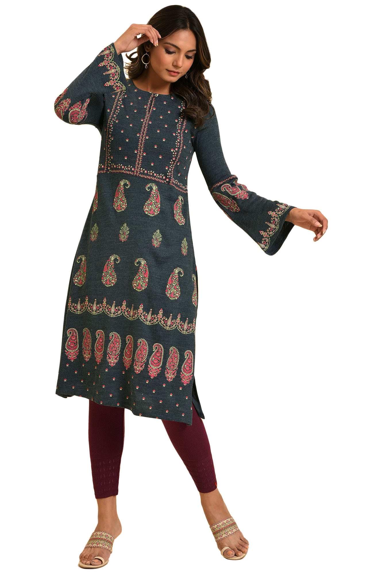 W For Woman Women'S Acrylic Regular Winter Kurta (22Now18412-119372P_Atlantic Deep