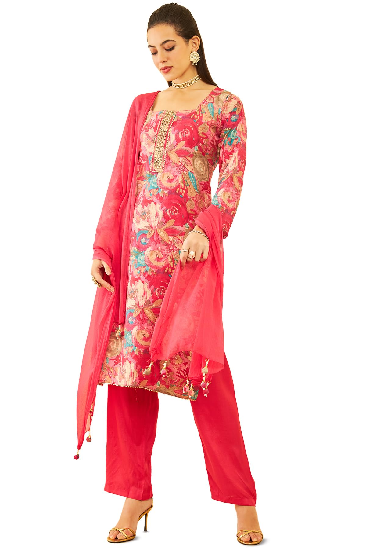 Soch Women Muslin Floral Print Unstitch Dress Material with Zardosi