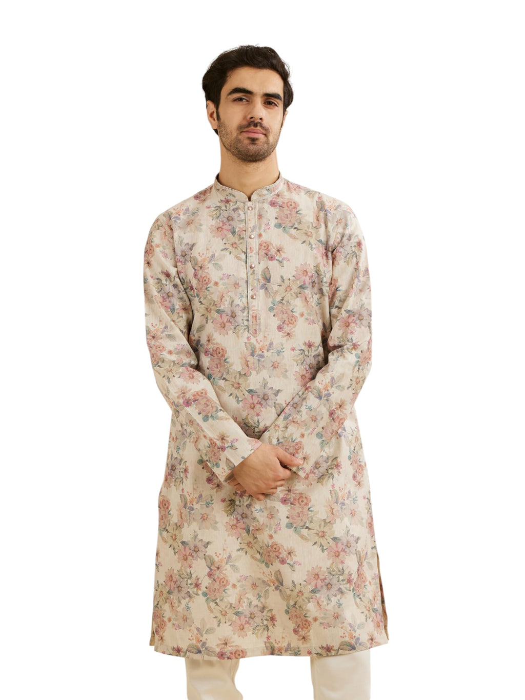 Manyavar Mens Cotton BlendFloral Digital Print Long Kurta (Natural,XXL)