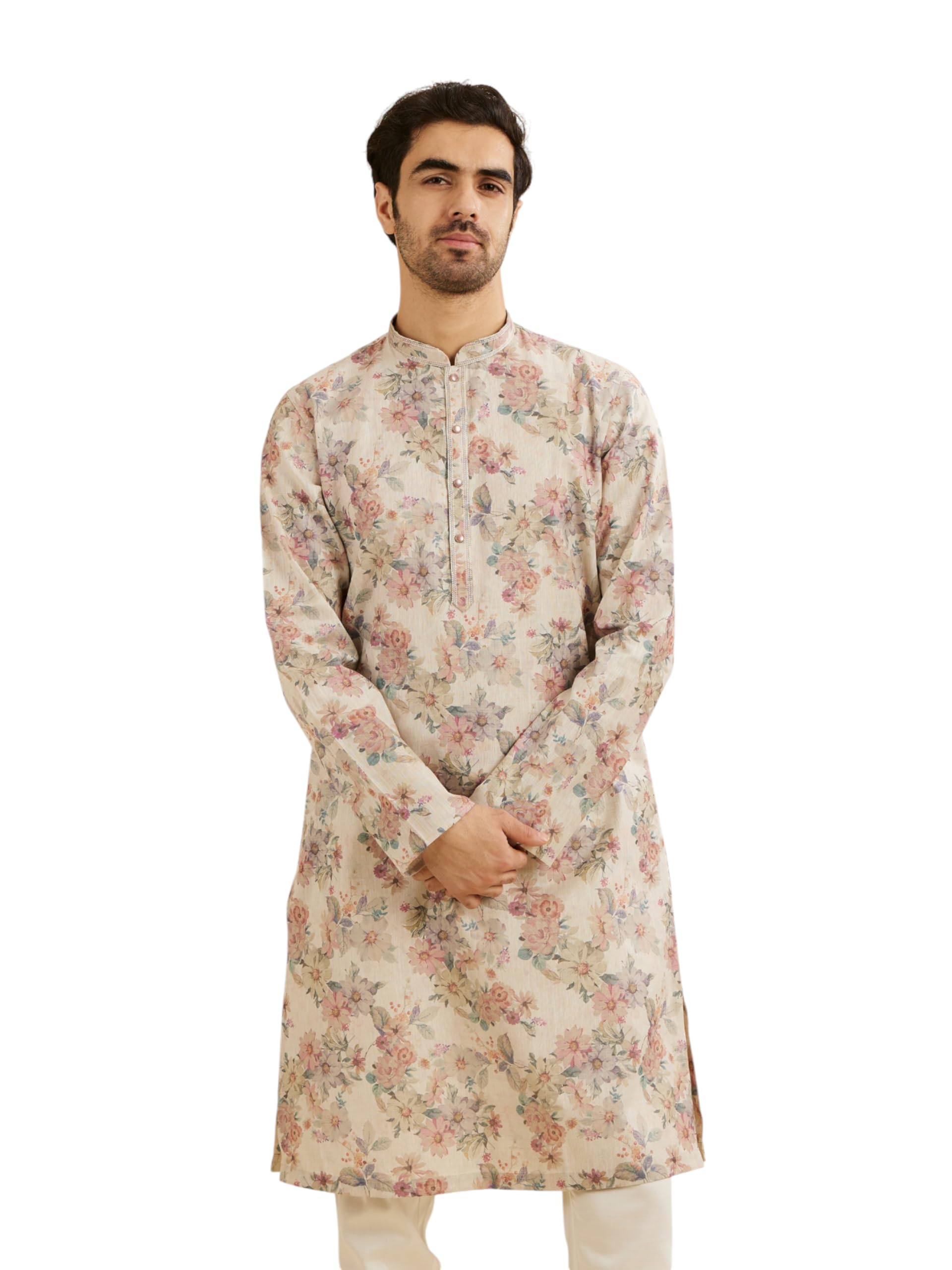 Manyavar Mens Cotton BlendFloral Digital Print Long Kurta (Natural,XXL)