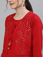 Ishin Women'S Pure Cotton Straight Embroidered Sequinned Floral Print Red Kurta Suit Set With Trouser