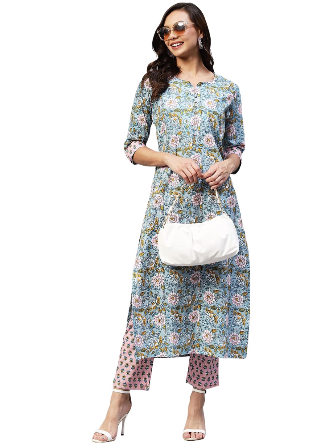 ANNI DESIGNER Womens Cotton Blend Straight Printed Kurta with Pant (Nampati) Blue