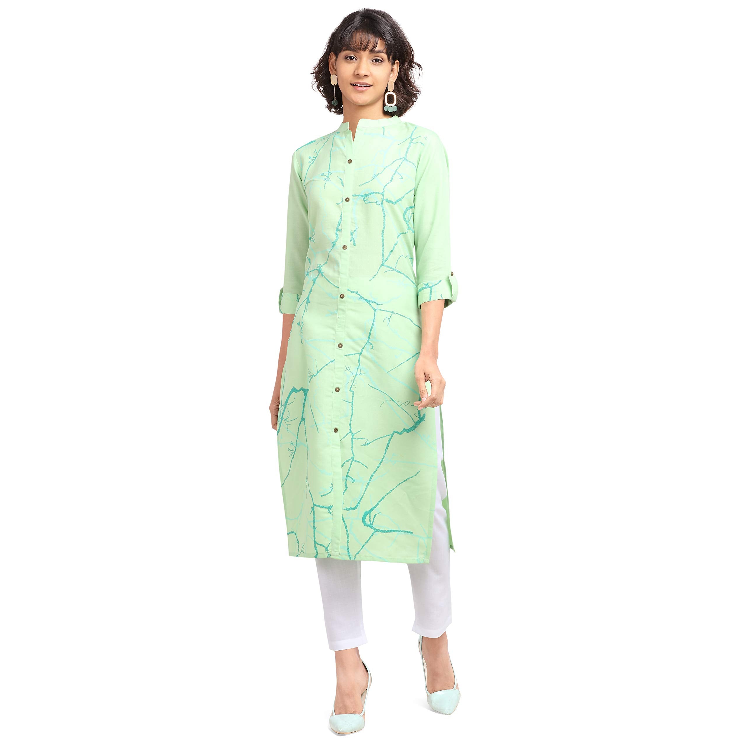 Nainvish Women'S Cotton Blend Straight Printed Kurti & Pant (Sd098-Large_Green)