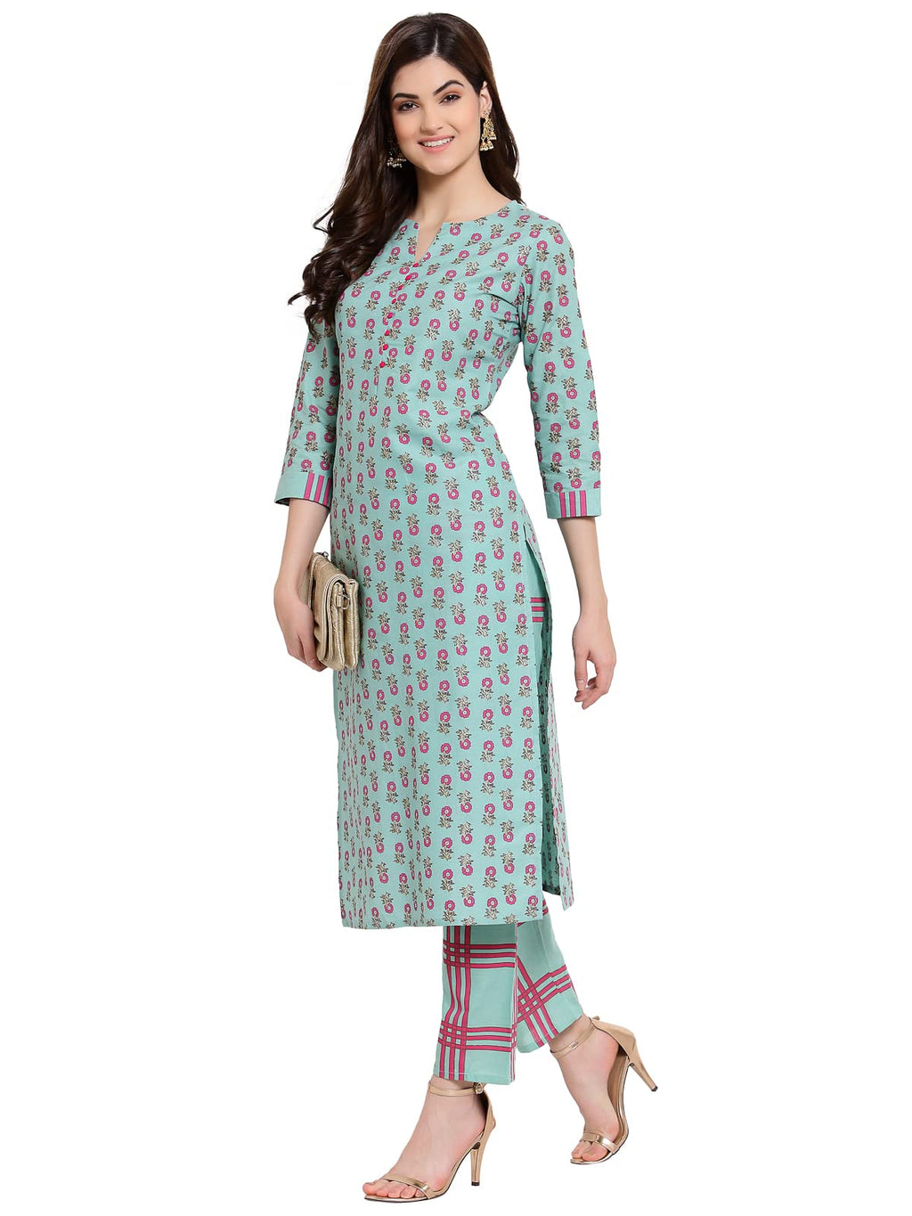 ANNI DESIGNER Women's Cotton Straight Kurta with Pant (KPT-COT-10029-SEA Green_XXL_Sea Green_XX-Large)