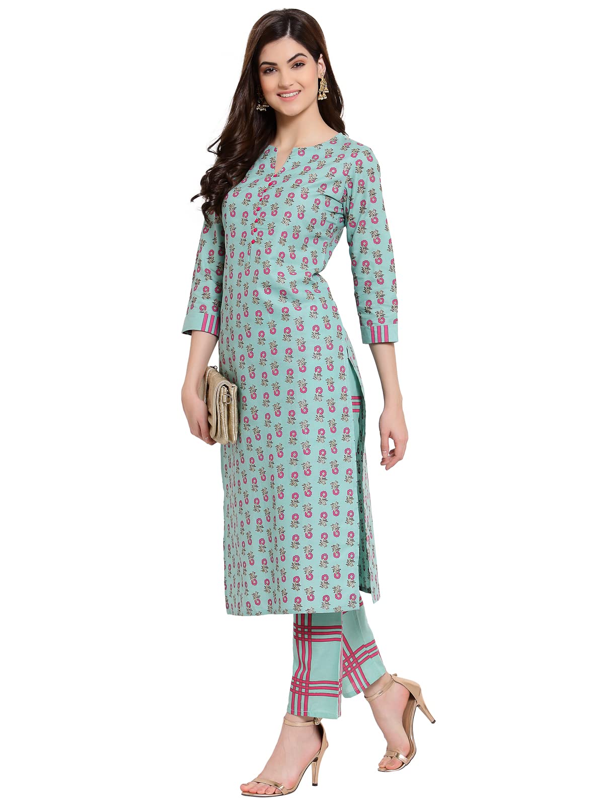 ANNI DESIGNER Women's Cotton Straight Kurta with Pant (KPT-COT-10029-SEA Green_XXL_Sea Green_XX-Large)