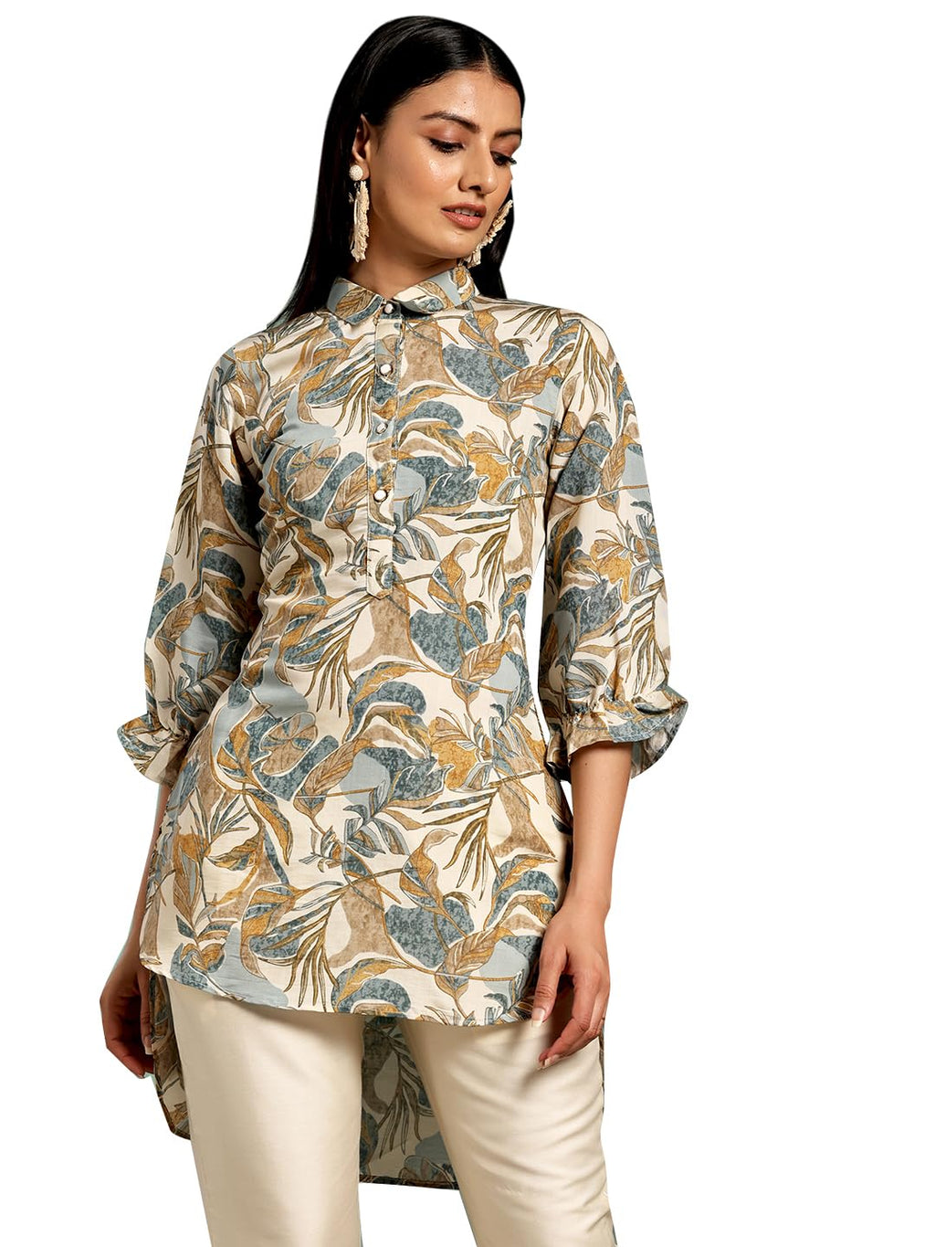 Libas Womens Printed Silk Blend A-Line Kurti For Women Beige