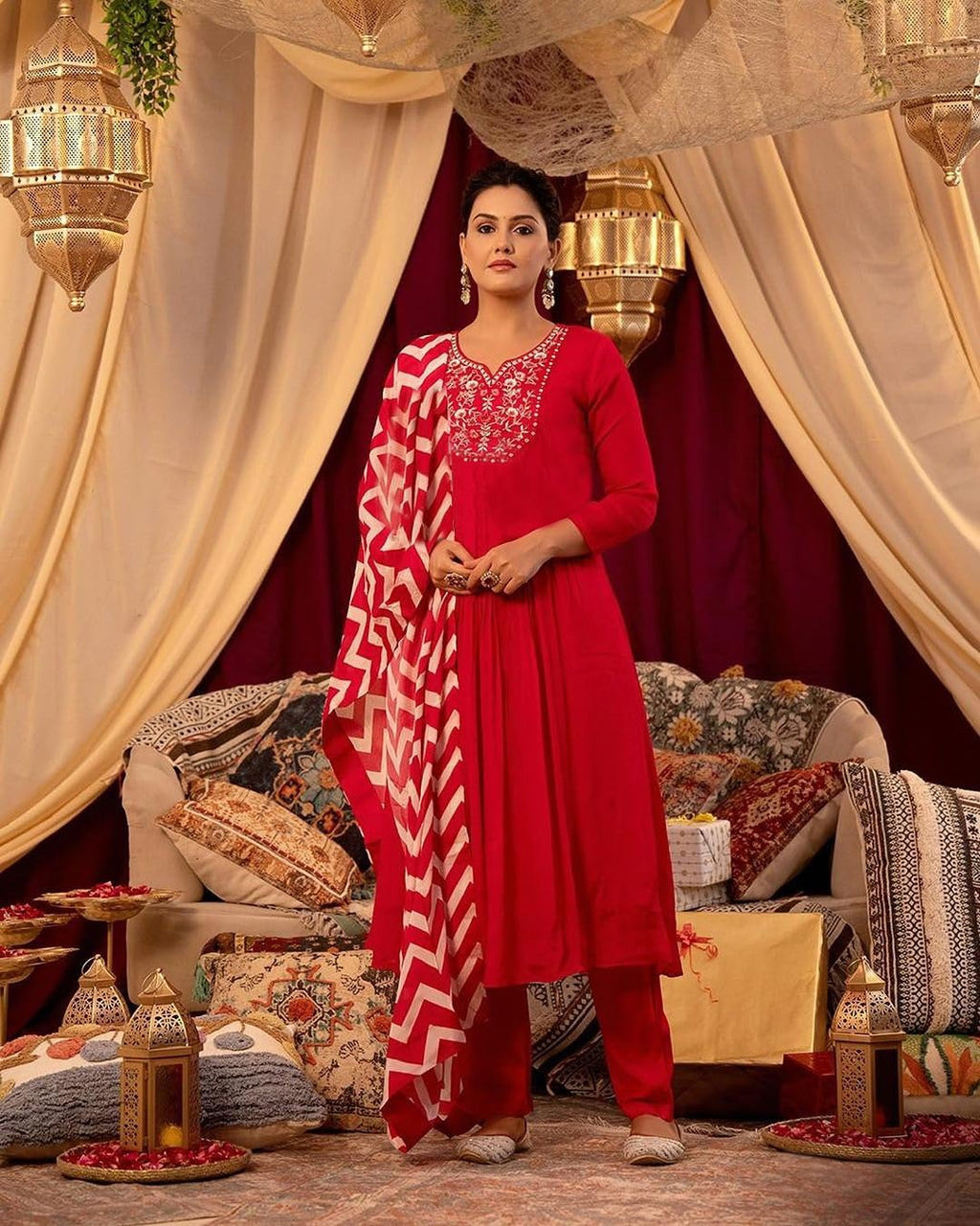 ANNI DESIGNER Women s Regular Rayon Blend Floral Kurta with Pants and Dupatta, Red, 44