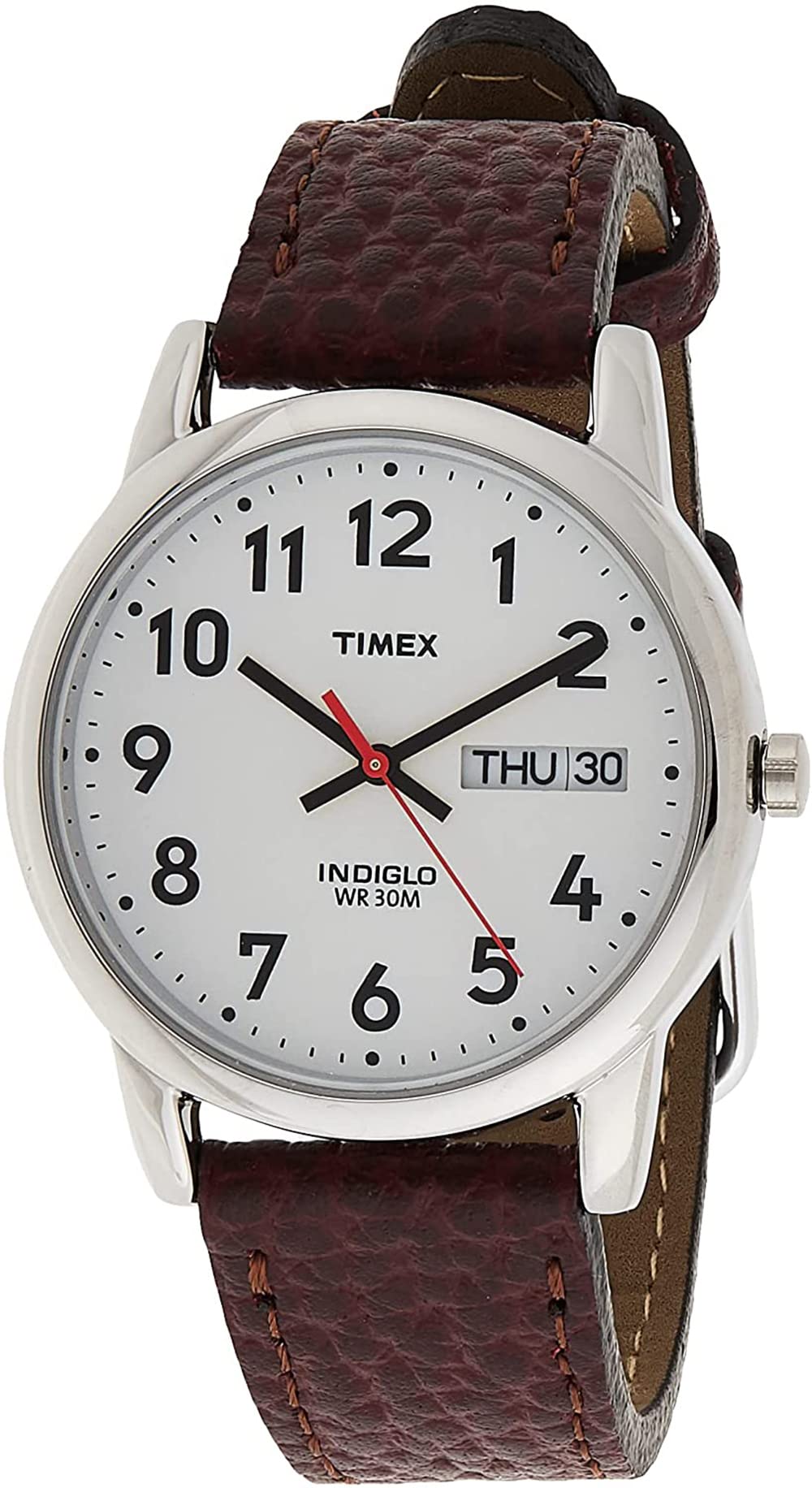 Timex Men's Easy Reader 35mm Day-Date Watch - Silver-Tone Case White Dial with Dark Brown Leather Strap