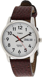 Timex Men's Easy Reader 35mm Day-Date Watch - Silver-Tone Case White Dial with Dark Brown Leather Strap