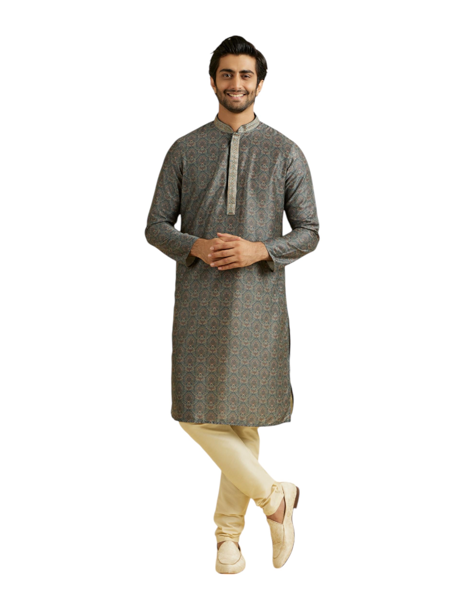 Manyavar Mens Digital Print & Neck Embroidered Kurta Churidar Set (Dark Green,XL)