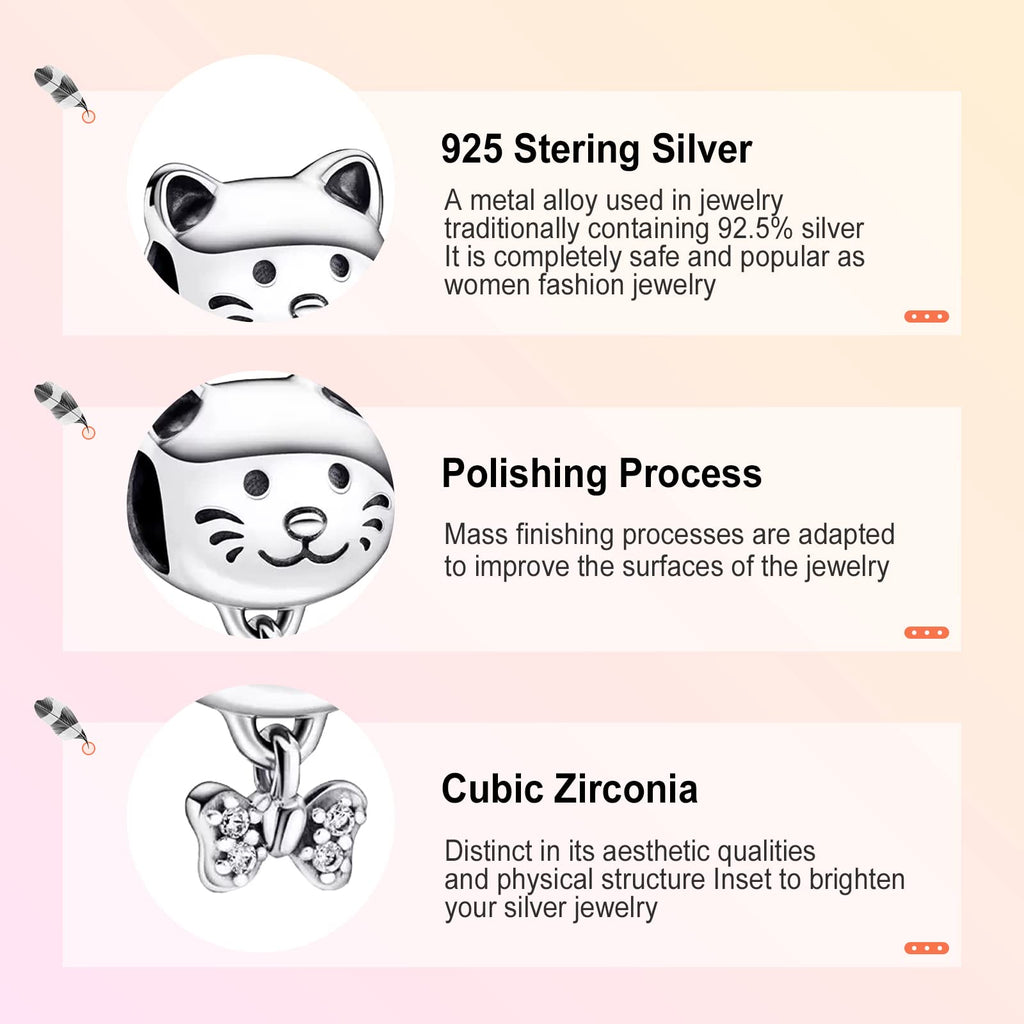 Annmors Pet Cat & Bow Charm 925 Sterling Silver Bead with Cubic Zirconia for Animal Lovers Gifts Christmas Halloween Valentine's