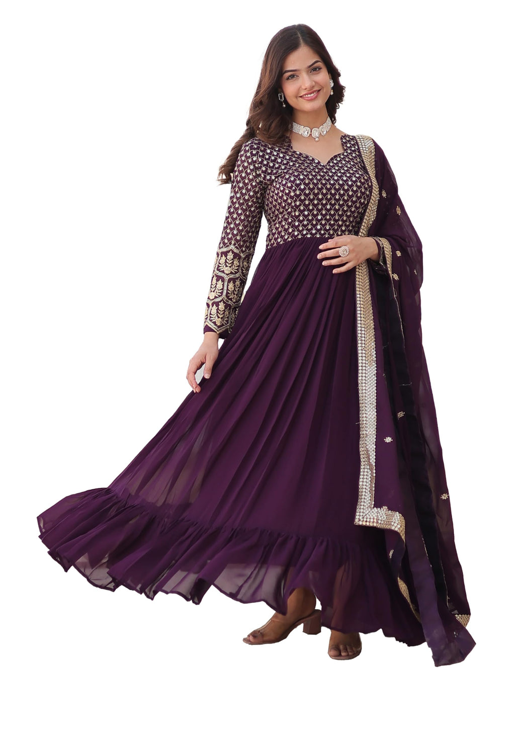 Fashion Basket Women'S Georgette Anarkali Kurta Set With Duptta For Women (In, Alpha, Xl, Regular, Purple)