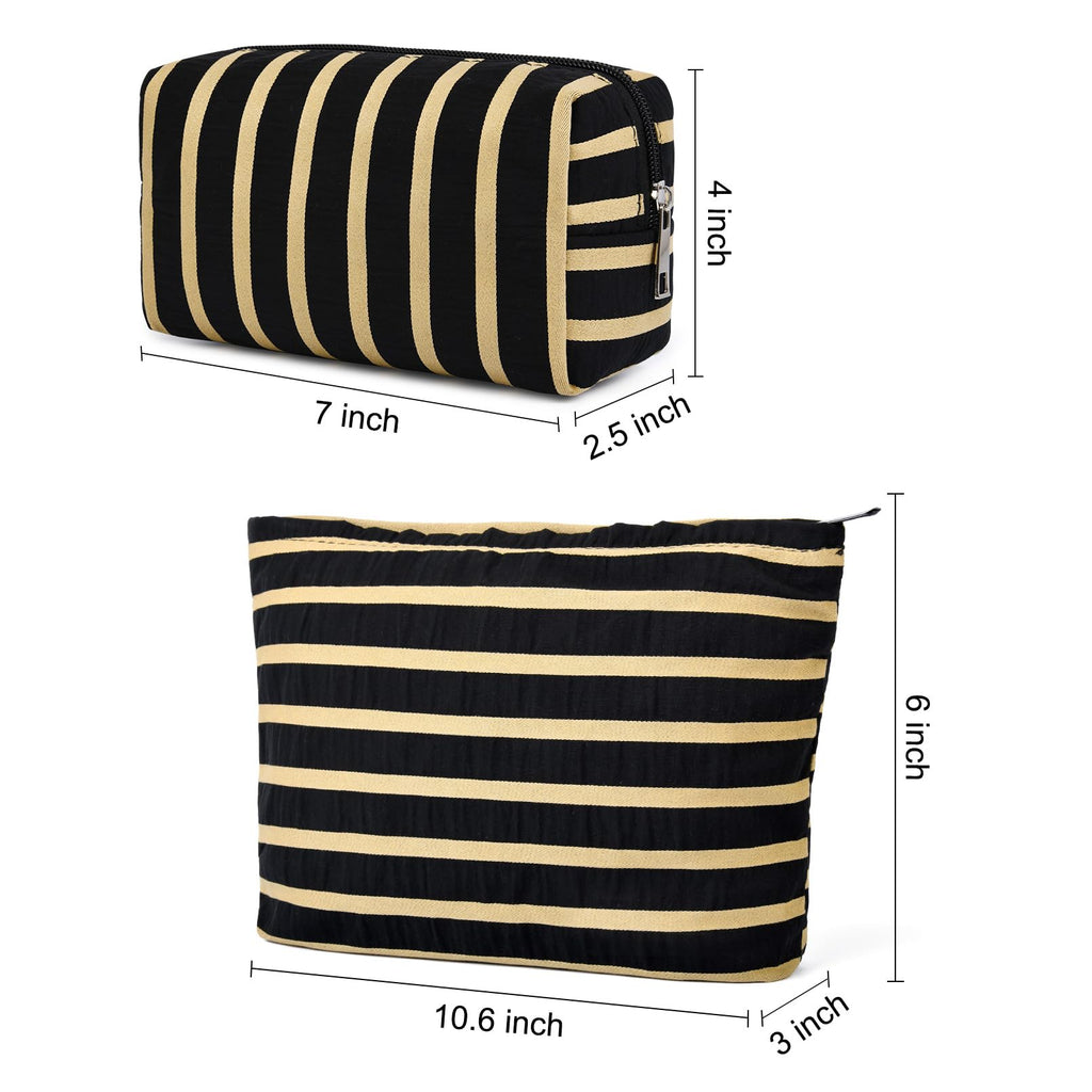 SOIDRAM 2 Pieces Makeup Bag Large Stripe Cosmetic Bag Capacity Canvas Mix Travel Toiletry Bag Organizer Cute Makeup Brushes Aest